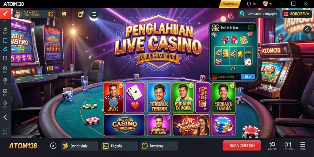 Screenshot gameplay ATOM138 menampilkan dealer dan meja permainan Live Casino.