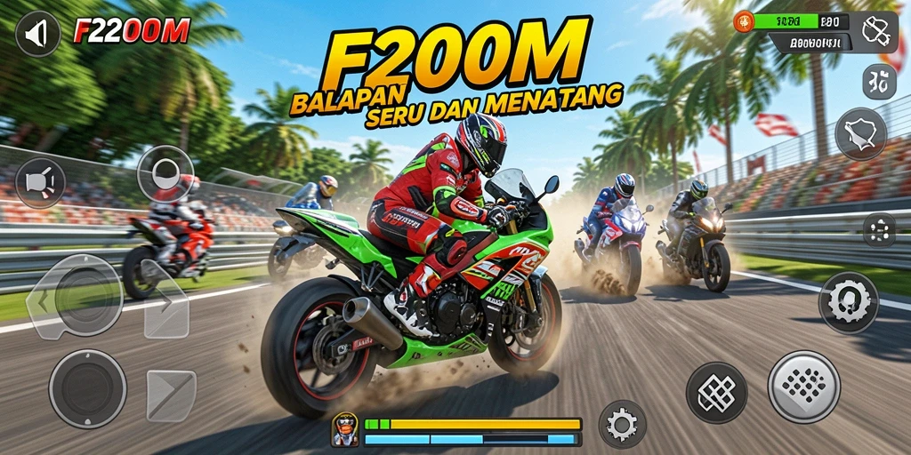 Tangkapan layar utama F200M menunjukkan aksi balapan motor yang mendebarkan.