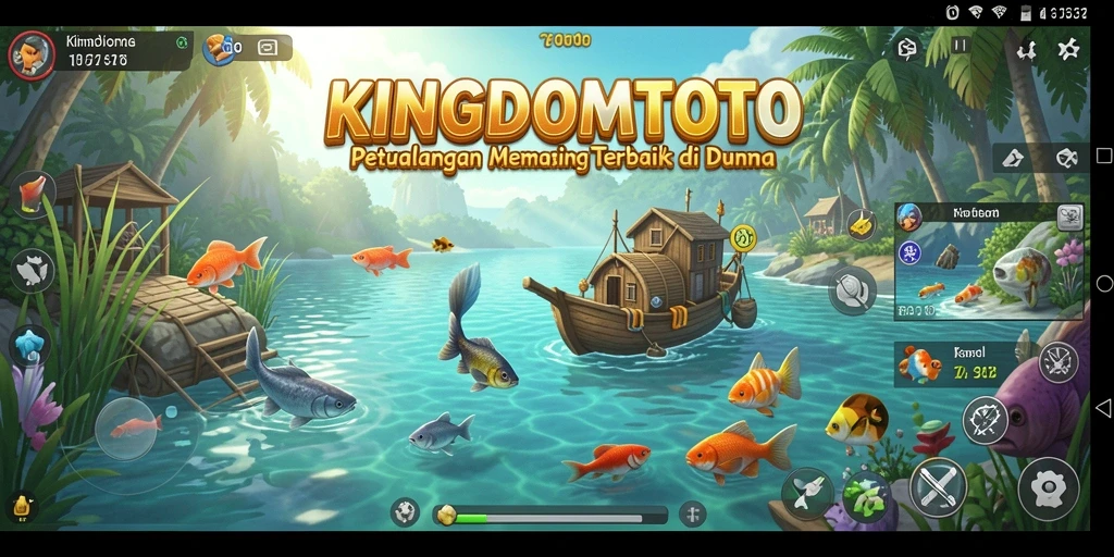 Screenshot gameplay KINGDOMTOTO menampilkan aksi memancing yang seru dan lokasi yang indah.