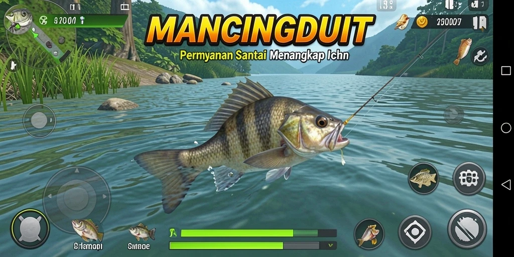 Tangkapan layar gameplay MANCINGDUIT yang menampilkan suasana memancing yang seru.
