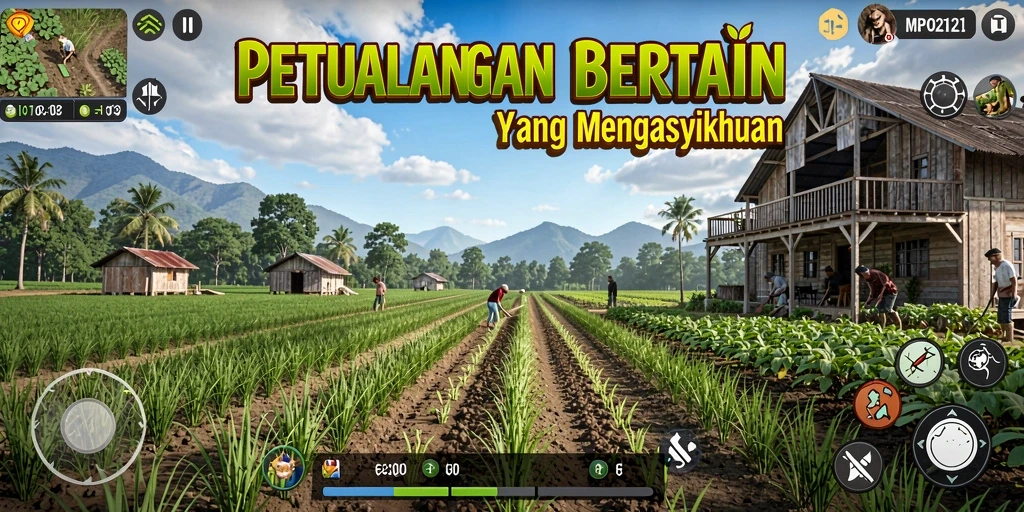 Gameplay MPO2121 dengan berbagai tanaman dan hewan ternak.